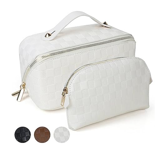 SHOPANTS Extra große Make-up-Tasche Reise-Kosmetiktasche für Frauen Tragbare PU Leder Wasserdicht Make up Tasche Set Karierte Kosmetiktaschen mit Griff Trennwand Kulturbeutel, Weiss/opulenter Garten, von SHOPANTS