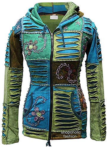 Blaue Mischung Blumen Stickerei Elfe Kapuze Rasiermesserschnitt Hippie Jacke - Blau, Blau, 3XL von SHOPOHOLIC FASHION