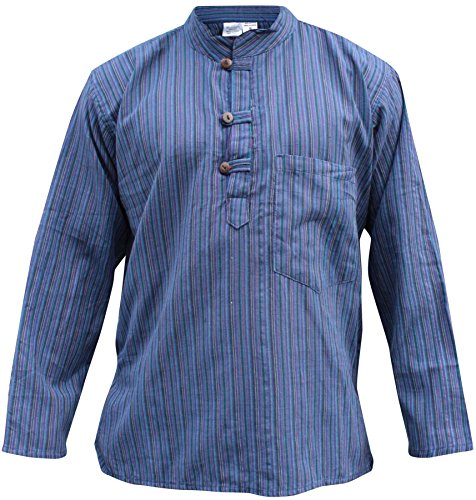 Langarmhemd/Grandad-Shirt mit verschiedenfarbigen dunklen Streifen, Hippie-Boho-Stil, Größe S–XXXL Gr. M, P.blue mix von SHOPOHOLIC FASHION