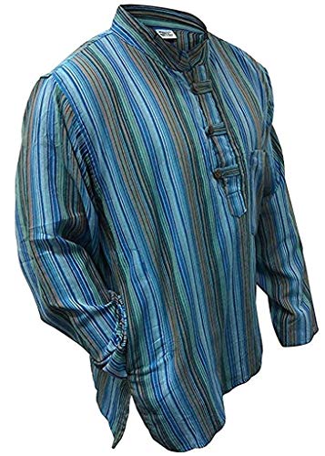 Multi Farben Mix dharke Streifen leicht bequem langärmlig traditionell Großvater Shirt, Hippy Boho, S M L XL XXL XXXL - türkis Mix, X-Large von SHOPOHOLIC FASHION
