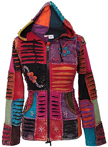 SHOPOHOLIC FASHION Damen Blumenbestickte Patchwork Razor-Cut Hippie Pixie Kapuzenjacke, M, Lila von SHOPOHOLIC FASHION