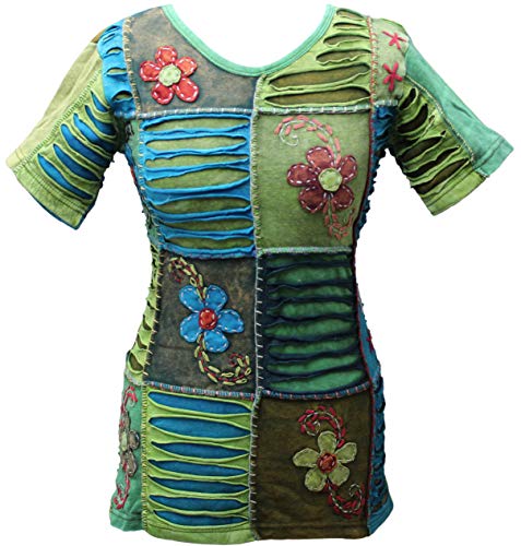 SHOPOHOLIC FASHION Damen Blaue Blumen Stickerei Kurze Ärmel Hippie Top, 3XL von SHOPOHOLIC FASHION