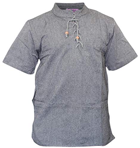 SHOPOHOLIC FASHION Herren Hanf-Baumwolle Grandad Kurzarmhemd, Boho Schnürkragen mit Holzperlen, Lässiges Sommer-, Strand- & Festivalshirt, Dunkelgrau, XXL von SHOPOHOLIC FASHION