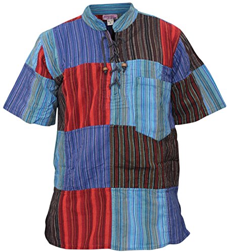 SHOPOHOLIC FASHION Herren Kurzärmel Patch Hippie Großvater Shirt - Streifen Patchwork, L von SHOPOHOLIC FASHION