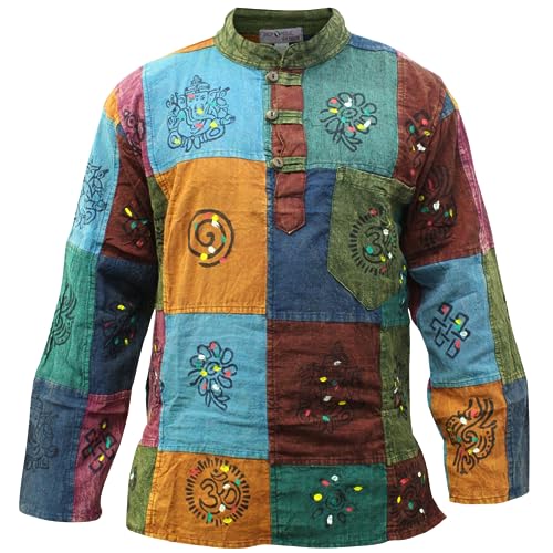 SHOPOHOLIC FASHION Herren Patchwork Streifen Stonewashed Langarm Handgefertigt Hippie Festival Hemd (3XL) von SHOPOHOLIC FASHION