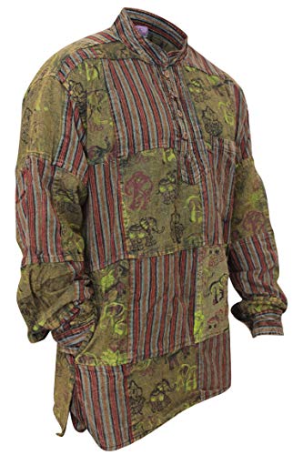 SHOPOHOLIC FASHION Herren Stonewashed Bedruckt Patch Hippie Hemd - Grün, S von SHOPOHOLIC FASHION