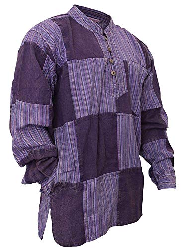 SHOPOHOLIC FASHION Stone Washed Plain Stripe Patch Hippie-Hemden für Herren, langärmliges Grandad-Hemd aus Baumwolle, Lila, XXL von SHOPOHOLIC FASHION