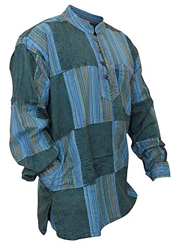 SHOPOHOLIC FASHION Stone Washed Plain Stripe Patch Hippie-Hemden für Herren, langärmliges Grandad-Hemd aus Baumwolle, Türkis, 3XL von SHOPOHOLIC FASHION