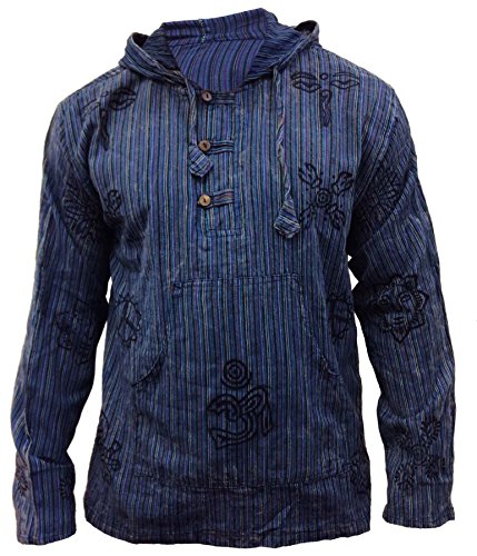 SHOPOHOLIC FASHION Herren Stonewashed Gestreift Mit Kapuze Hippy Großvater Shirt - Blau, Small von SHOPOHOLIC FASHION