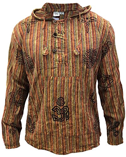 SHOPOHOLIC FASHION Herren Stonewashed Gestreift mit Kapuze Hippy Großvater Shirt - Orange, Large von SHOPOHOLIC FASHION