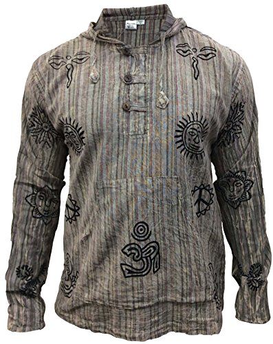 SHOPOHOLIC FASHION Herren Stonewashed gestreift mit Kapuze Hippy Großvater Shirt - L.Grau, Large von SHOPOHOLIC FASHION