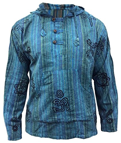 SHOPOHOLIC FASHION Herren Stonewashed gestreift mit Kapuze Hippy Großvater Shirt - Türkis, Large von SHOPOHOLIC FASHION