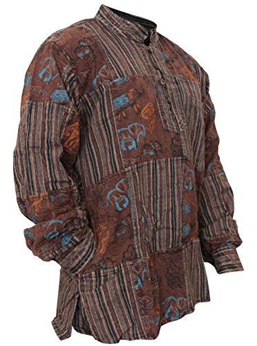 SHOPOHOLIC FASHION Herrenhemd, Stonewashed, Hippie-Hemd mit bedruckten Flicken Gr. M, braun von SHOPOHOLIC FASHION