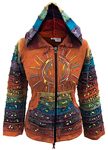 SHOPOHOLIC FASHION Säuregewaschene Hippie-Jacke mit mehrfarbigen Patchwork-Regenbogenstreifenärmeln (Orange, S) von SHOPOHOLIC FASHION