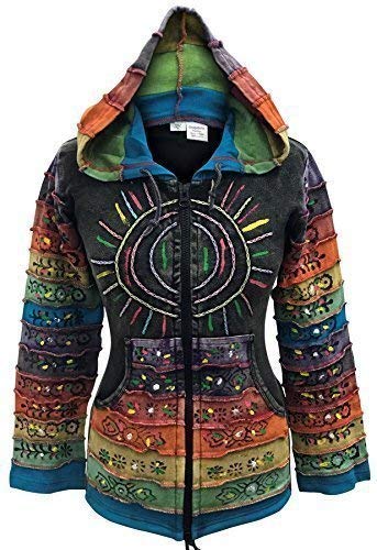 SHOPOHOLIC FASHION Säuregewaschene Hippie-Jacke mit mehrfarbigen Patchwork-Regenbogenstreifenärmeln, M, Black von SHOPOHOLIC FASHION