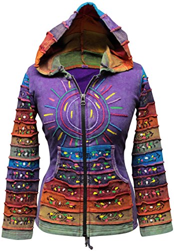 SHOPOHOLIC FASHION Säuregewaschene Hippie-Jacke mit mehrfarbigen Patchwork-Regenbogenstreifenärmeln, XL, Purple von SHOPOHOLIC FASHION