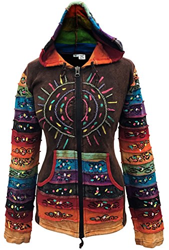 SHOPOHOLIC FASHION Säuregewaschene Hippie-Jacke mit mehrfarbigen Patchwork-Regenbogenstreifenärmeln (Brown, 2XL) von SHOPOHOLIC FASHION