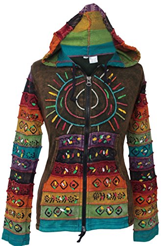 SHOPOHOLIC FASHION Säuregewaschene Hippie-Jacke mit mehrfarbigen Patchwork-Regenbogenstreifenärmeln (Green, S) von SHOPOHOLIC FASHION