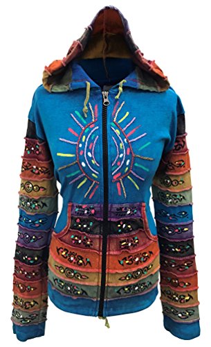 SHOPOHOLIC FASHION Säuregewaschene Hippie-Jacke mit mehrfarbigen Patchwork-Regenbogenstreifenärmeln (Turquoise, 2XL) von SHOPOHOLIC FASHION