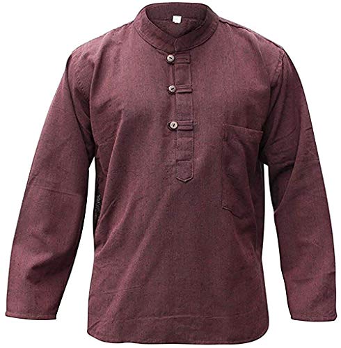 SHOPOHOLIC FASHION Schlichtes Hanfstoff Stehkragen Hippie Opa Hemd für Manner, Braun, 4XL von SHOPOHOLIC FASHION