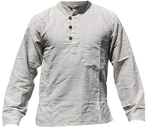 SHOPOHOLIC FASHION Schlichtes Hanfstoff Stehkragen Hippie Opa Hemd für Manner, Erdige Weiß, XL von SHOPOHOLIC FASHION