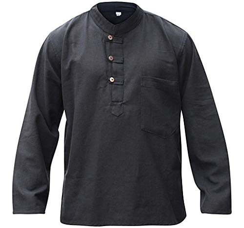 SHOPOHOLIC FASHION Herren Hanf-Baumwoll-Shirt | Langarm Tunika mit Brust- & Seitentaschen | Boho Festival, Yoga & Freizeit | Handgefertigtes, Nachhaltiges Oberteil, Schwarz, L von SHOPOHOLIC FASHION