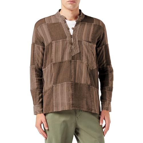 SHOPOHOLIC FASHION Stone Washed Plain Stripe Patch Hippie-Hemden für Herren, langärmliges Grandad-Hemd aus Baumwolle, Braun, XXXXL von SHOPOHOLIC FASHION