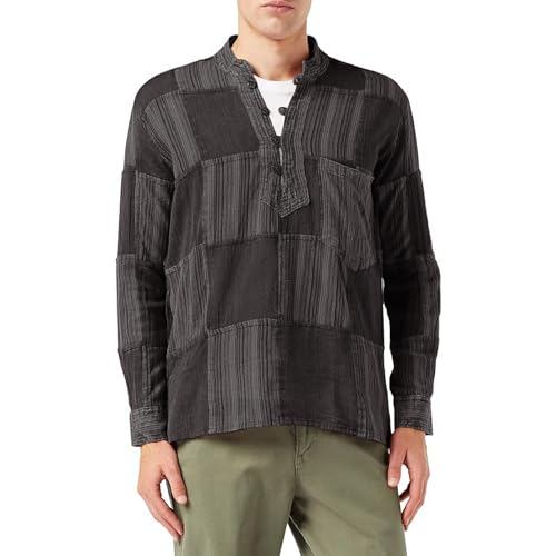 SHOPOHOLIC FASHION Stone Washed Plain Stripe Patch Hippie-Hemden für Herren, langärmliges Grandad-Hemd aus Baumwolle, Schwarz, S von SHOPOHOLIC FASHION