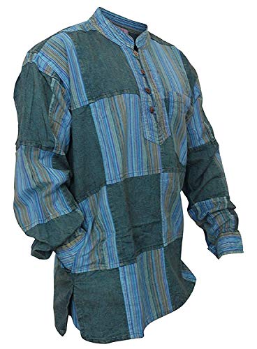 SHOPOHOLIC FASHION Stone Washed Plain Stripe Patch Hippie-Hemden für Herren, langärmliges Grandad-Hemd aus Baumwolle, Türkis, 4XL von SHOPOHOLIC FASHION