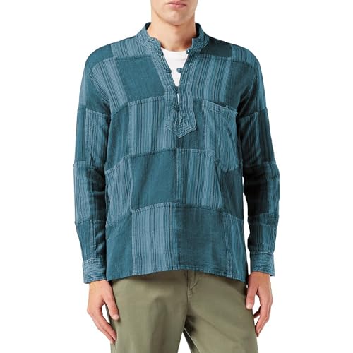 SHOPOHOLIC FASHION Stone Washed Plain Stripe Patch Hippie-Hemden für Herren, langärmliges Grandad-Hemd aus Baumwolle, Türkis, 4XL von SHOPOHOLIC FASHION