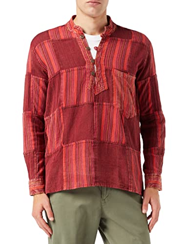 SHOPOHOLIC FASHION Stone Washed Plain Stripe Patch Hippie-Hemden für Herren, langärmliges Grandad-Hemd aus Baumwolle, kastanienbraun, L von SHOPOHOLIC FASHION