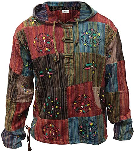 SHOPOHOLIC FASHION Stonewashed Streifen Patchwork Hippie Kapuze Großvater Shirt - Multi, L von SHOPOHOLIC FASHION