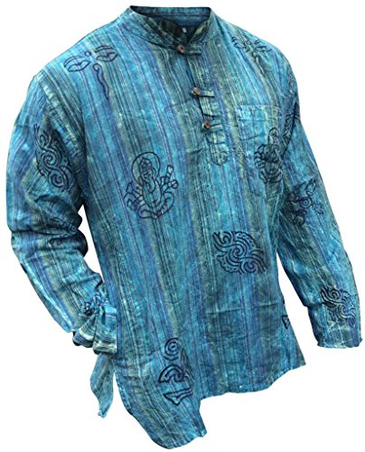 SHOPOHOLIC FASHION Unisex Stonewashed Gestreiftes, Leichtes Hippie-Opa-Hemd, Turquoise, XL von SHOPOHOLIC FASHION