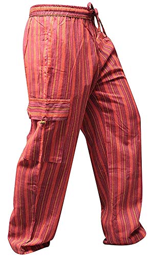 SHOPOHOLIC FASHION Unisex vielfarbige-Streifen Marlene-Hosen-sidepocket Hippy Hose - Maroon Mix, X-Large von SHOPOHOLIC FASHION