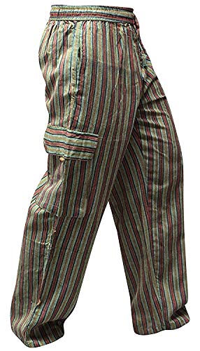 SHOPOHOLIC FASHION Unisex vielfarbige-Streifen Marlene-Hosen-sidepocket Hippy Hose - grün Mix, Large von SHOPOHOLIC FASHION