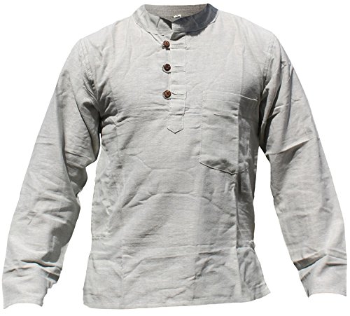 SHOPOHOLIC FASHION Herren Hanf-Baumwoll-Shirt | Langarm Tunika mit Brust- & Seitentaschen | Boho Festival, Yoga & Freizeit | Handgefertigtes, Nachhaltiges Oberteil, Hellgrau, 3XL von SHOPOHOLIC FASHION