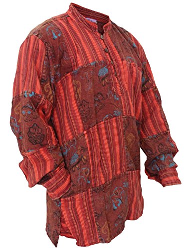 Shopoholic Fashion Herrenhemd, Stonewashed, Hippie-Hemd mit bedruckten Flicken Gr. L, kastanienbraun von SHOPOHOLIC FASHION