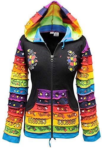 Shopoholic Mode Damen Patchwork Pixie Kapuze Rainbow Muster Jacke,Hippy - Mix SCHWARZ, L von SHOPOHOLIC FASHION