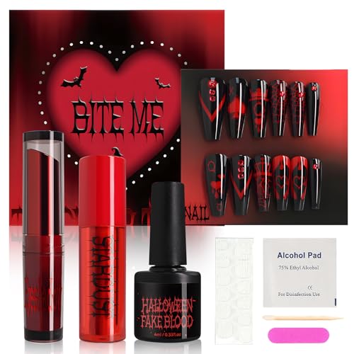Schminkset Halloween, Gothic Make Up, Make Up Halloween, Halloween Schminkset enthält Press on Nails Halloween, Lidschatten Glitzer, Glitzer Lippenstift, Kunstblut Auswaschbar von SHOPPGO