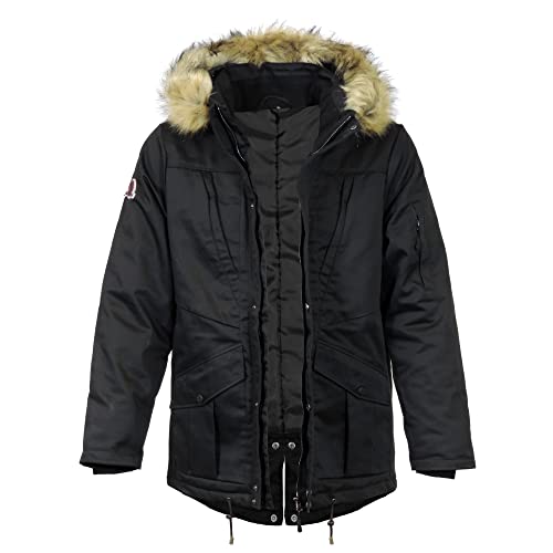 SHOSHONE Herren Jacke lang Stoff mit Kapuze Schwarz Fishtail Parka Herbst Winter (DE/NL/SE/PL, Alphanumerisch, L, Regular, Regular, Schwarz) von SHOSHONE