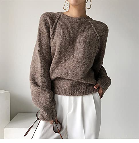 SHOUJIQQ Dicker Pullover Pullover Für Damen - Winter Loser Langarm Kurzer Strickpullover, Warmer Rundhalsausschnitt Plus Größe Strickoberteile Für Damen Bottoming Shirt Kleidung,Khaki,Small von SHOUJIQQ