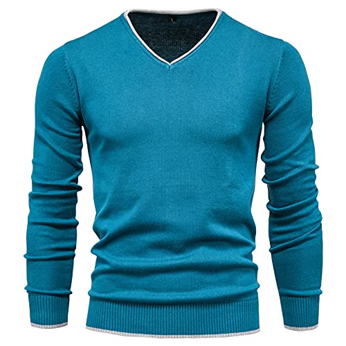 SHOUJIQQ Herren Pullover V-Ausschnitt Pullover - Winter Einfarbig Langarm Slim Jumper, Lässig Übergröße Strickjacke Für Herren Bottoming Shirt Außenbekleidung Bekleidung,Blau,Mittel von SHOUJIQQ