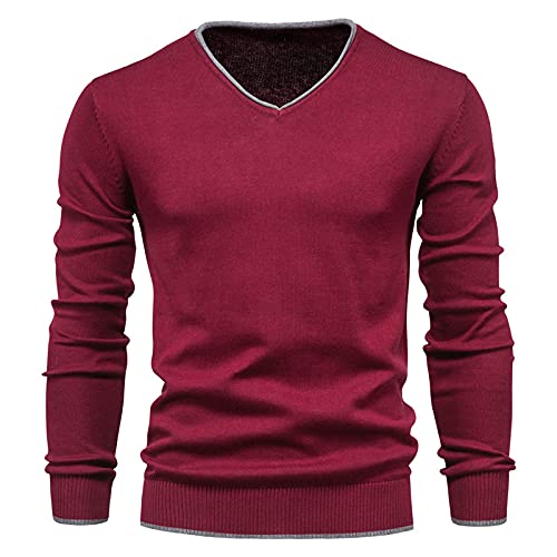 SHOUJIQQ Herren Pullover V-Ausschnitt Pullover - Winter Einfarbig Langarm Slim Jumper, Lässig Übergröße Strickjacke Für Herren Bottoming Shirt Outdoor Wear Bekleidung,Rot,Mittel von SHOUJIQQ