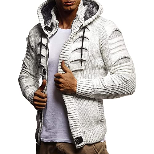 SHOUJIQQ Herren Strickpullover Cardigan - Warme Kapuze Einreihig Taschen Mantel Jacke, Verdicken Plus Größe Langarm Locker Herbst Winter Top Oberbekleidung Bekleidung,Weiß,Klein von SHOUJIQQ