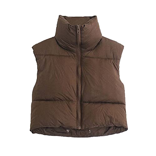 SHOUJIQQ Kurze Baumwolle Daunenweste Damen - Hohe Taille Kurz Stehkragen Warme Weste,Ärmellose Steppweste Weste Übergröße Für Outdoor Reisemantel,Braun,L von SHOUJIQQ