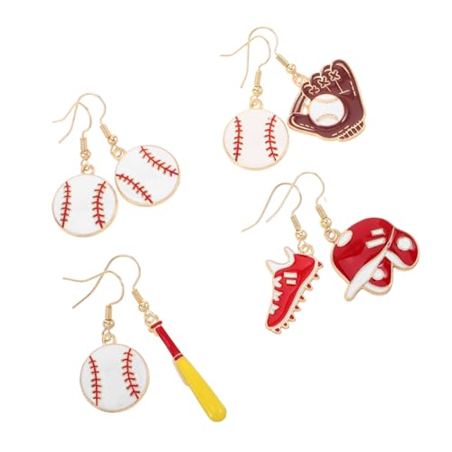 SHOWERORO 4 Paar Baseball Ohrringe Damen Asymmetrisches Design mit Baseballschläger und Mütze Leichtes Langlebiges Sportschmuck für Fans und Partys von SHOWERORO