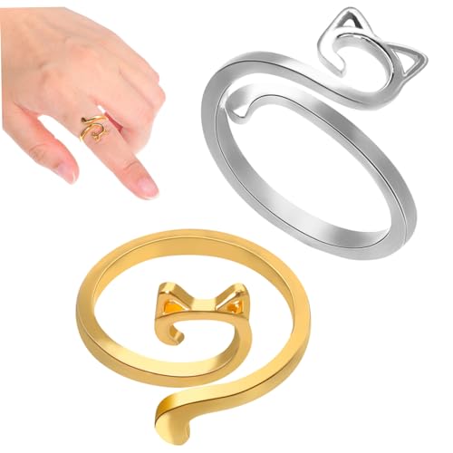 SHOWERORO 4 Verstellbare Strickringe mit Katzenohr Design Garnführungsringe aus Teiliges in Gold und Silber Langlebige Häkelringe für Stricken Häkeln und Fingerhalter von SHOWERORO
