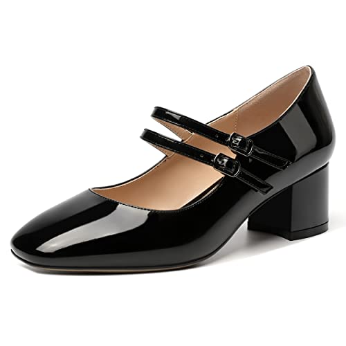 SHOWFOREST Damen Dating Buckle Cute Square Toe Solid Patent Block Low Heel Pumps Schuhe 5,1 cm, Schwarz, 41 EU von SHOWFOREST