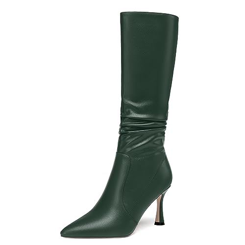 SHOWFOREST Damen Festkörper High Heel 3.3 Inch Außenbereich Nubukleder Dress Mid Calf Reißverschluss Spitze Zehenkappe Stiletto Stiefel Dunkelgrün Größe 39 von SHOWFOREST