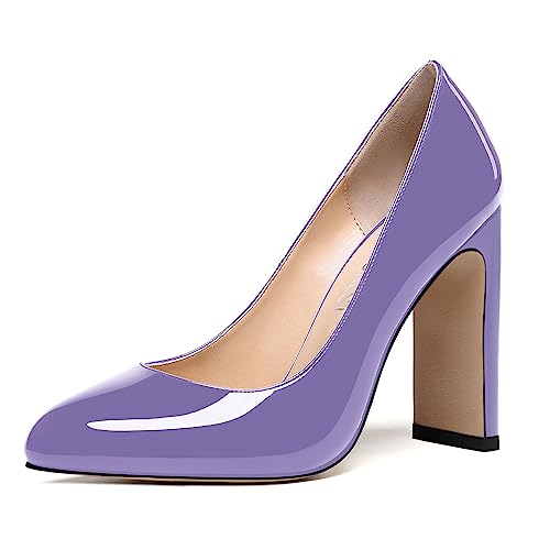 SHOWFOREST Damen Schnellverschluss High Heel Runde Zehenkappe Block Lackleder Dress 4 Inch Office Pumpe Lavendel Größe 36 von SHOWFOREST